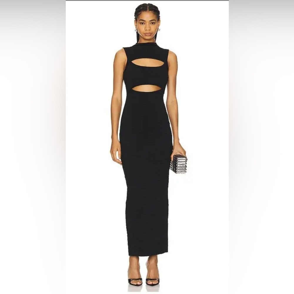 NWT Good American black scrunchie mock neck bodycon maxi dress, size XS
